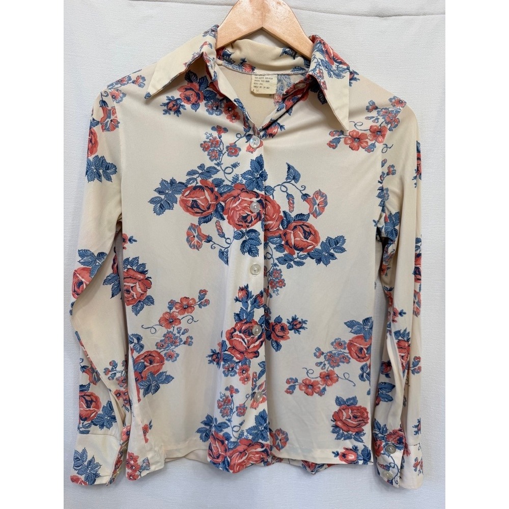 Vintage 70s Cream Red Blue Rose Floral Dagger Collar Button Up Top Size 10